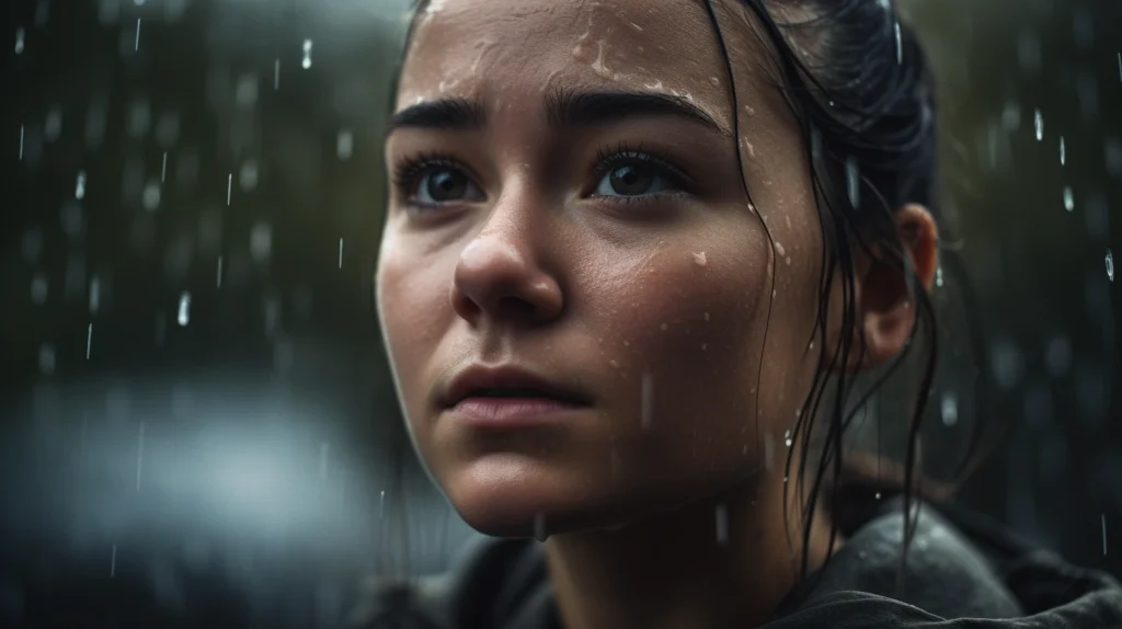 imagem ultra realista em close-up e detalhada de uma menina na chuva