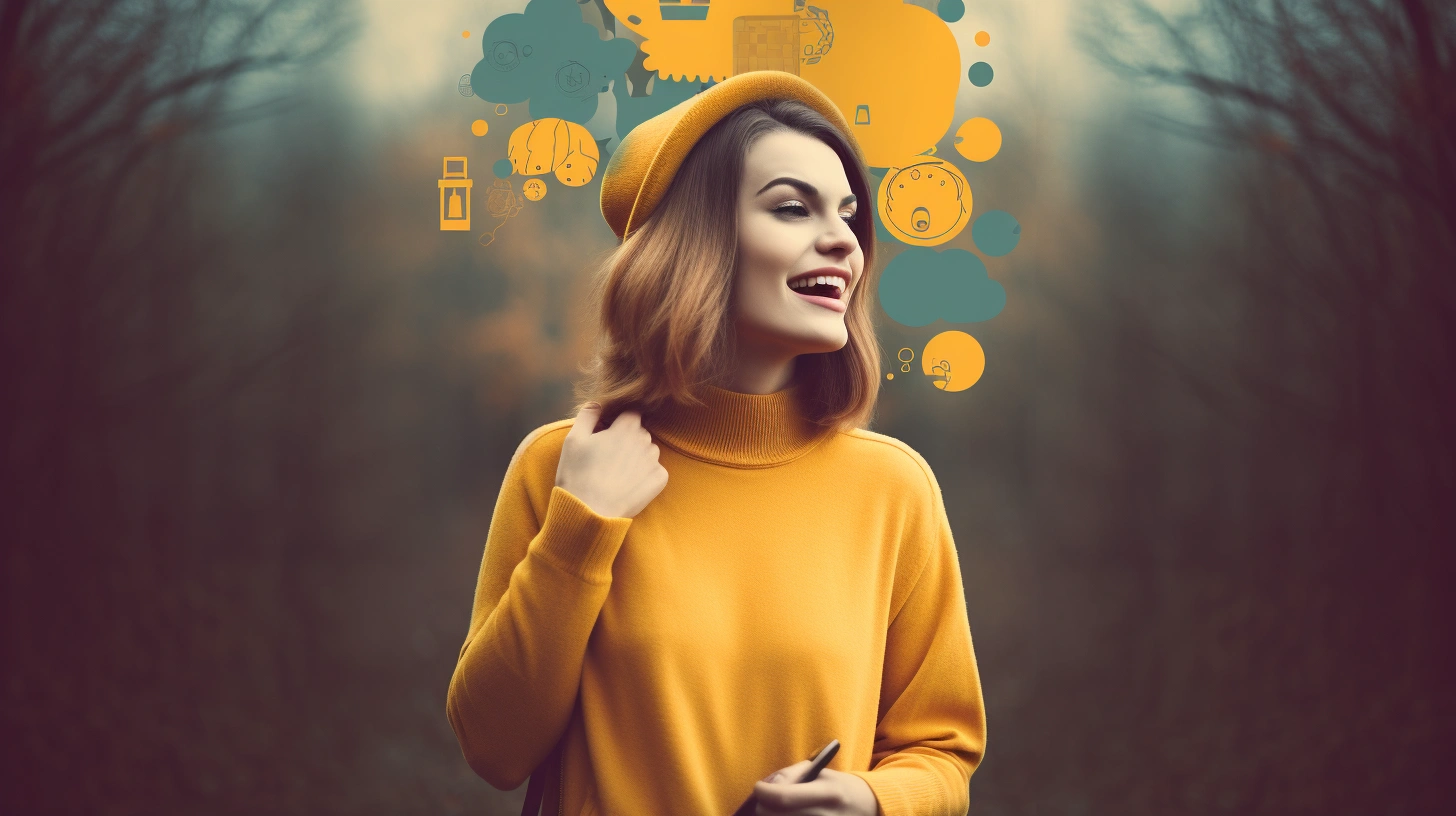 imagem de uma mulher com roupas amarelas numa floresta com imagens vetoriais abstratas sobre sua cabeça