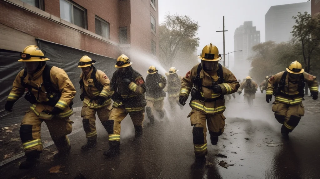 grupo de bombeiros correndo na rua sob jato d'agua